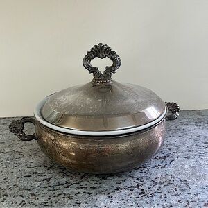 Vintage F.B. Rogers Silver Co 1543 covered serving dish and glass Fire King bowl